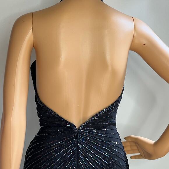Vintage 90s Y2K Black Silk Beaded Halter Mini Cocktail Dress - Picture 7 of 10